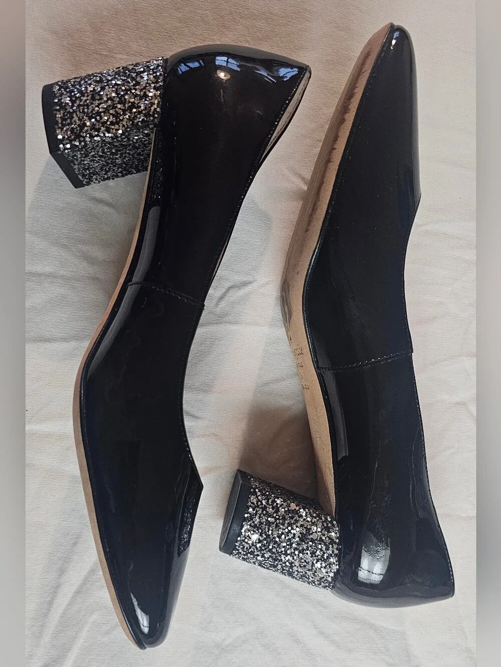 Kate Spade New York Dolores Patent Leather Pumps with Glitter Block Heels